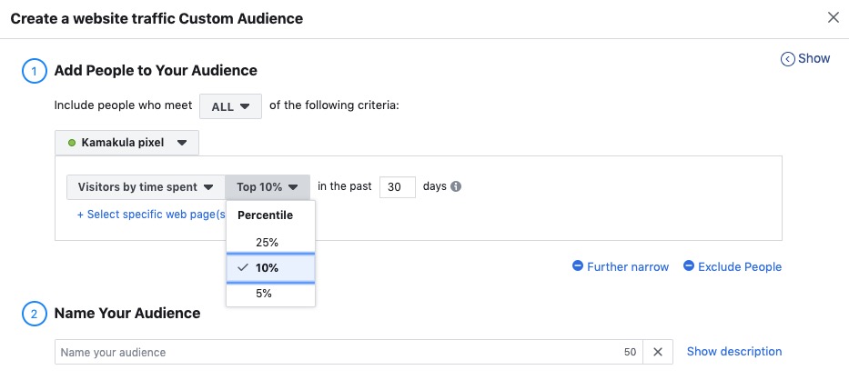 eveel facebook pixel time spent on page custom audience